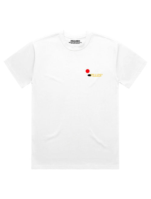 A white short-sleeve crewneck t-shirt with a small chest graphic featuring a red circle, a black shape, and yellow text reading 'FILLES'.