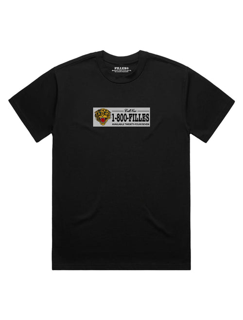 A black short-sleeve crewneck t-shirt featuring a rectangular graphic print on the chest with a tiger illustration and the text 'I-800-FILLES'.